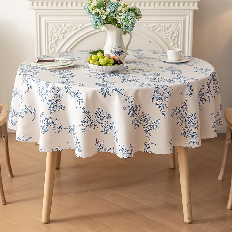 Round Tablecloth 70 Inch - Faux Linen Water-Resistant Floral Blue, 70" Diameter