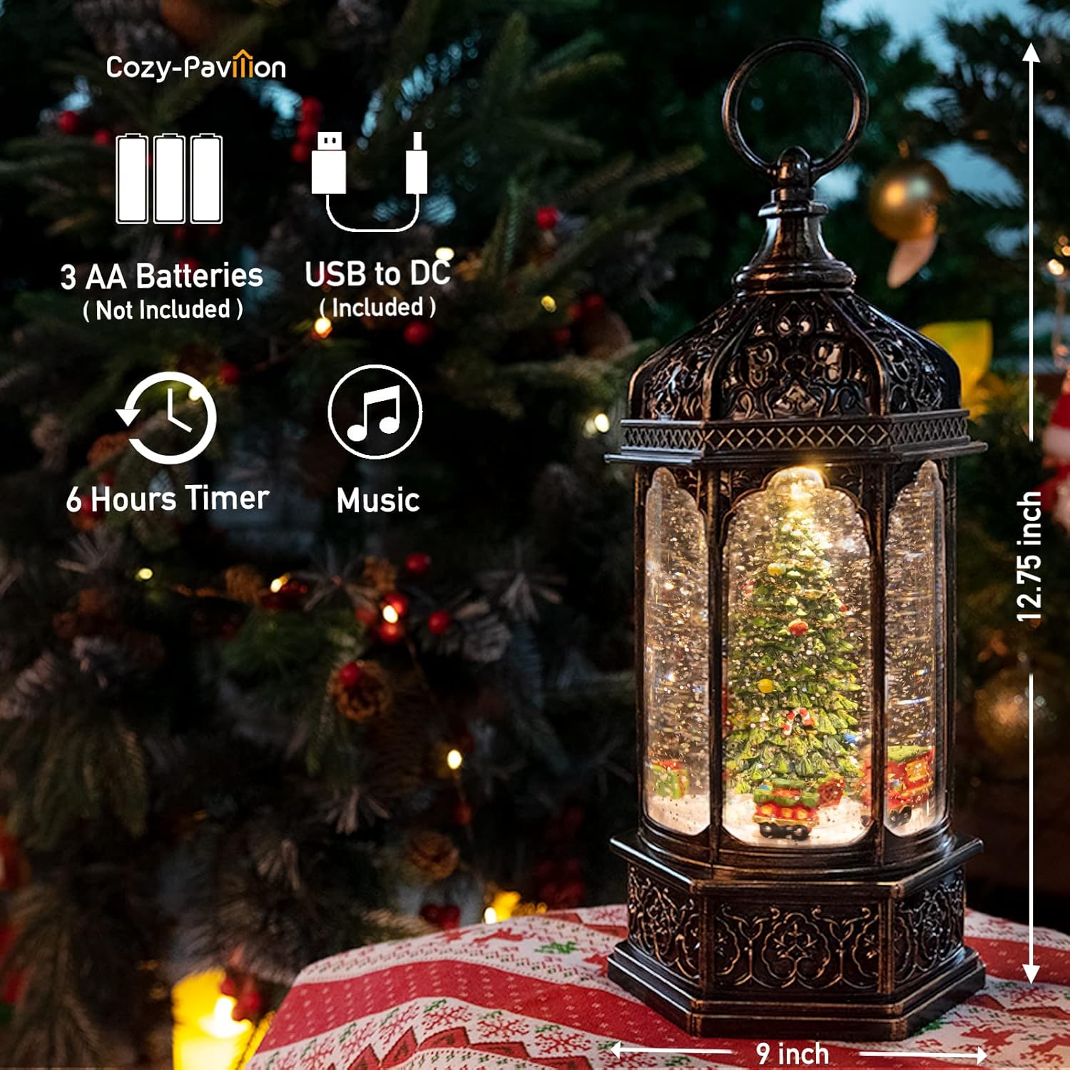 Musical Christmas Tree Snow Globe - Rotating Trains with Timer | 12.7'' Decorative Music Box for Adults