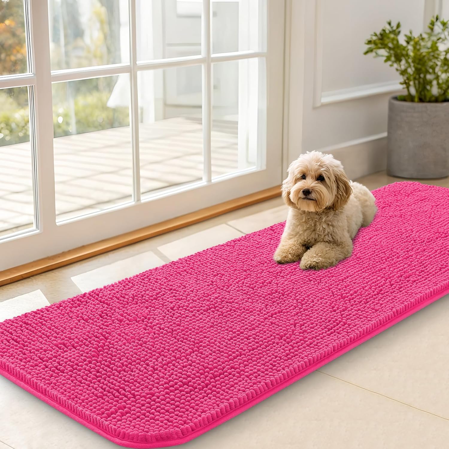 OLANLY Dog Door Mat - Absorbent Non-Slip Chenille Mat for Muddy Paws | 59x20 Inches, Hot Pink