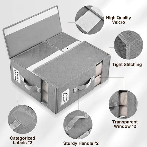 Homsorout Bed Sheet Organizers - Foldable Storage with Window & Labels | XL Grey Bedding Set, 6 Pack