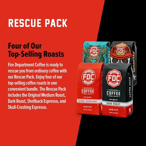 Fire Department Coffee - Rescue Variety Pack - Ground Coffee for Firefighters - Medium, Dark, Shellback Espresso & Skull Crushing Espresso - Veteran Owned (12 oz, Pack of 4)