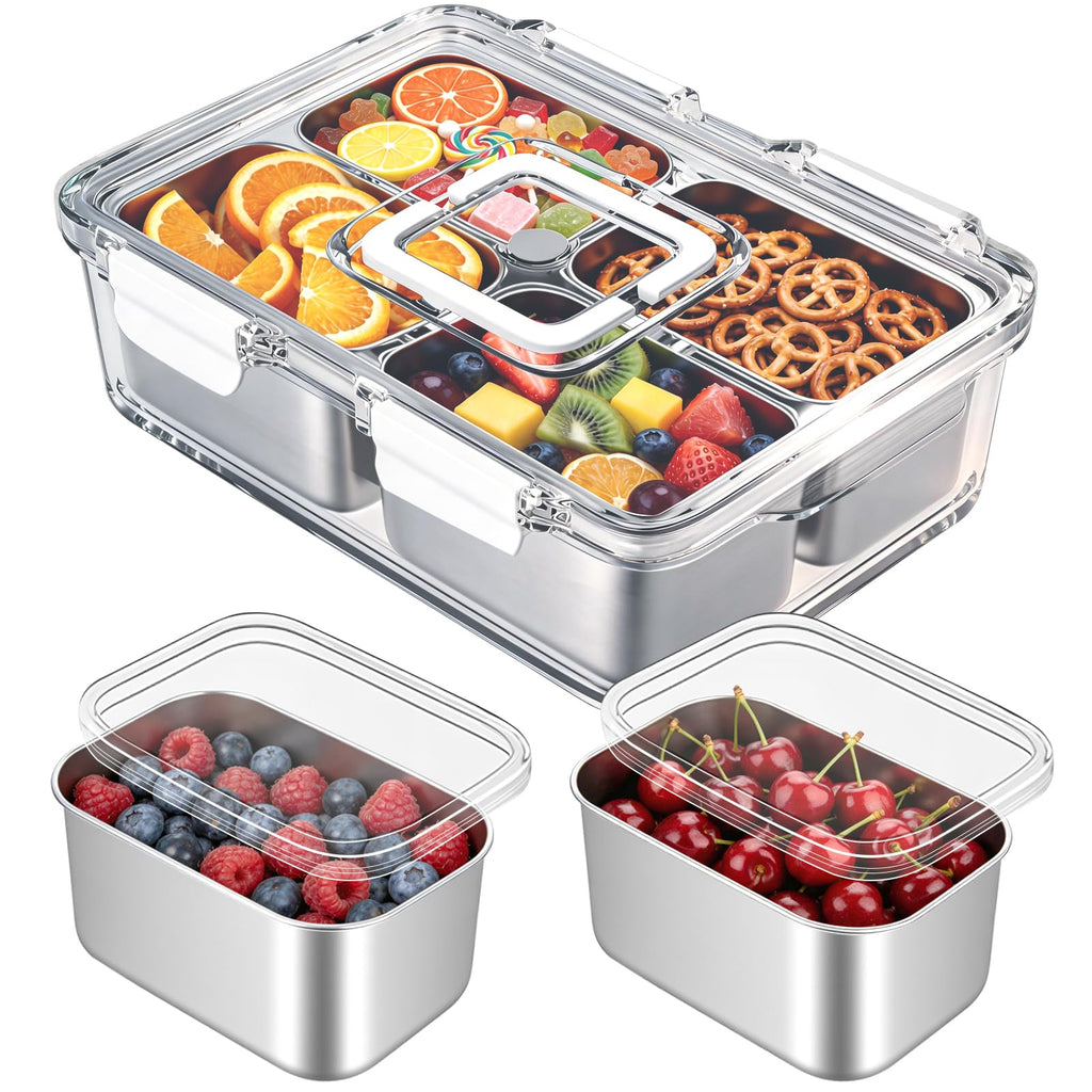 Freshmage Snackle Box Container, Stainless Steel Divided Serving Snack Tray with Lid and Handle, 4 Compartment Portable Snack Platters for Road Trip, Beach, Picnic, Ball Games, Pool and Parties