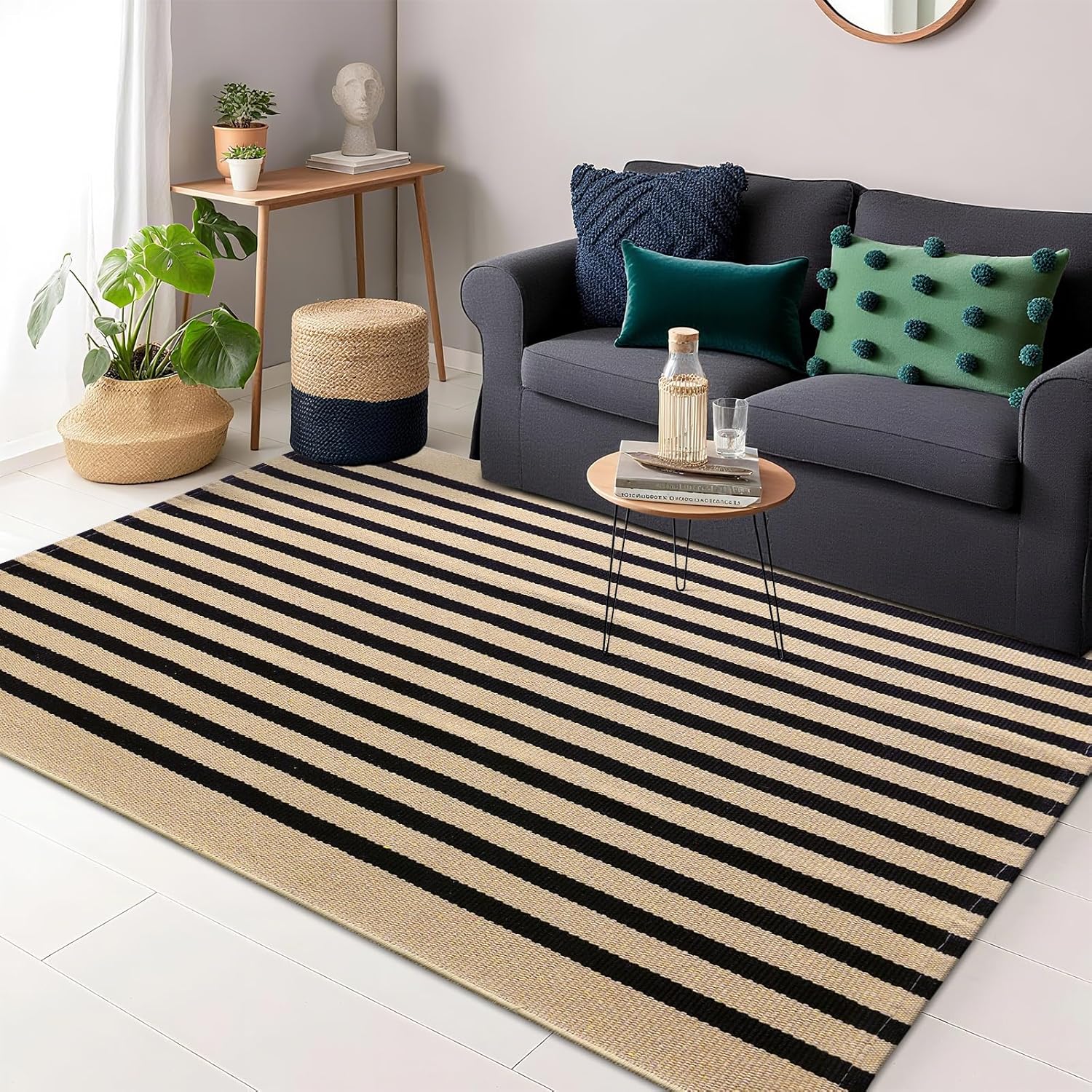 OLANLY Striped Rug - Washable Brown and Black Cotton Doormat 4' x 6' for Indoor/Outdoor Use