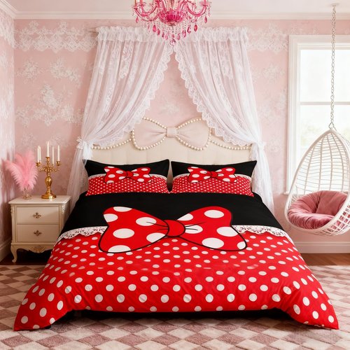 Homewish Bowknot Duvet Cover Set King Size,White Dots Bedding Set 3pcs for Kids Teens Girls Boys Room Decor, Romantic Princess Style Comforter Cover Red and Black Quilt Cover with 2 Pillowcases