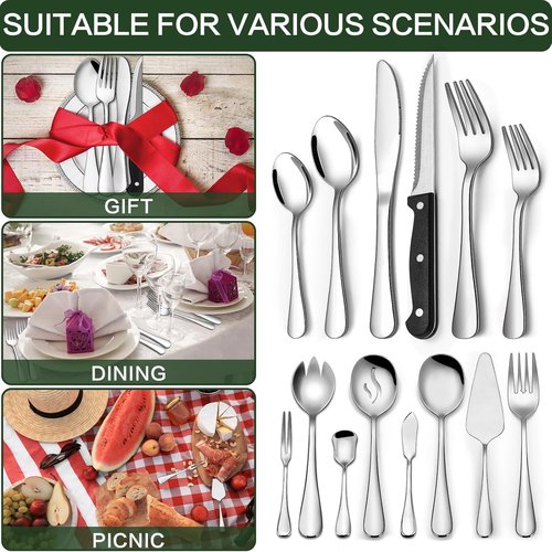 CEKEE Stainless Steel Silverware Set - 80 Pieces Flatware with Serving Utensils for 12 | Heavy Duty & Dishwasher Safe
