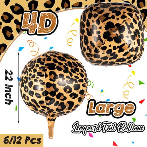 BBTO 6 Pcs Leopard & Cheetah Print Foil Balloons 22 Inch 4D Large Metallic Round Leopard Balloons Cheetah Print Decoration for Birthday Party Camo Animal Jungle Adventure Baby Shower Wedding