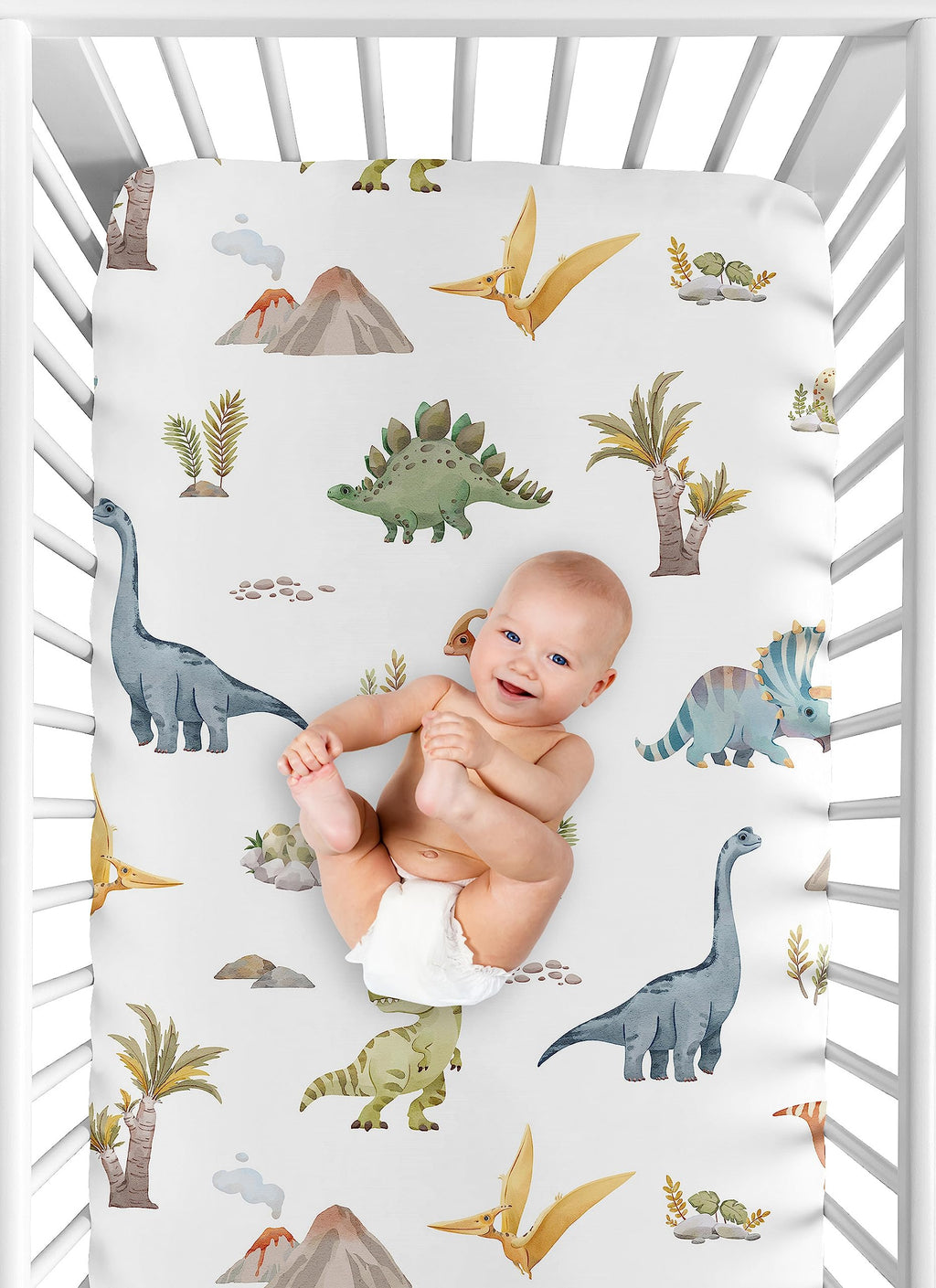 Sweet Jojo Designs Fitted Baby Crib Sheets (Watercolor Dinosaur Dino) for Boys, Infant Nursery, Toddler Room - Standard Size (Modern, Dinosaurs, Jurassic, Nature, Animal, Steel, Green, Blue & White)
