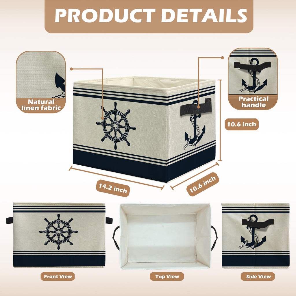 uinwk Navy Blue Nautical Storage Bins, Coastal Beach Boat Anchor Rudder Collapsible Storage Box Laundry Basket with Handle for Home Bedroom Bathroom Office Clothes Toys Books
