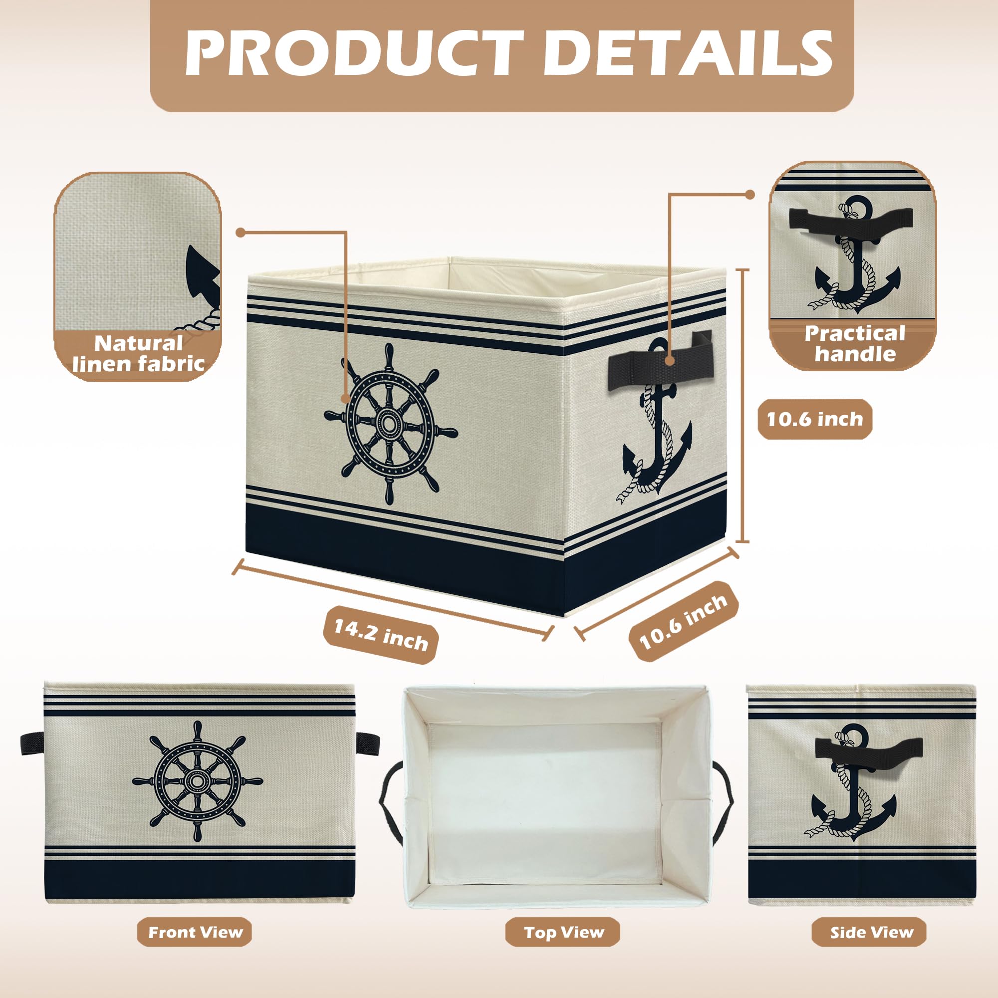 uinwk Navy Blue Nautical Storage Bins, Coastal Beach Boat Anchor Rudder Collapsible Storage Box Laundry Basket with Handle for Home Bedroom Bathroom Office Clothes Toys Books