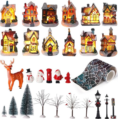 Kajaia Christmas Village Set - 68 Pieces Winter Houses, Trees & Snowman Decor for Miniature Displays