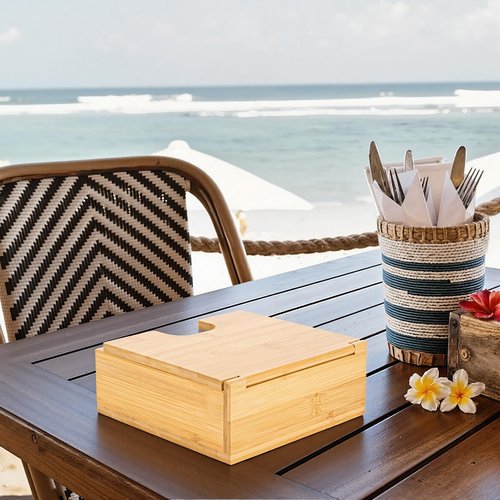 MOLEDINO Flat Napkin Holder for Table with Lid 13"x13", Large Modern Square Paper Napkin Holder for Dining Dinner Kitchen Cocktail Farmhouse Outdoor, Porta Servilletas de Mesa Elegantes (Bamboo)
