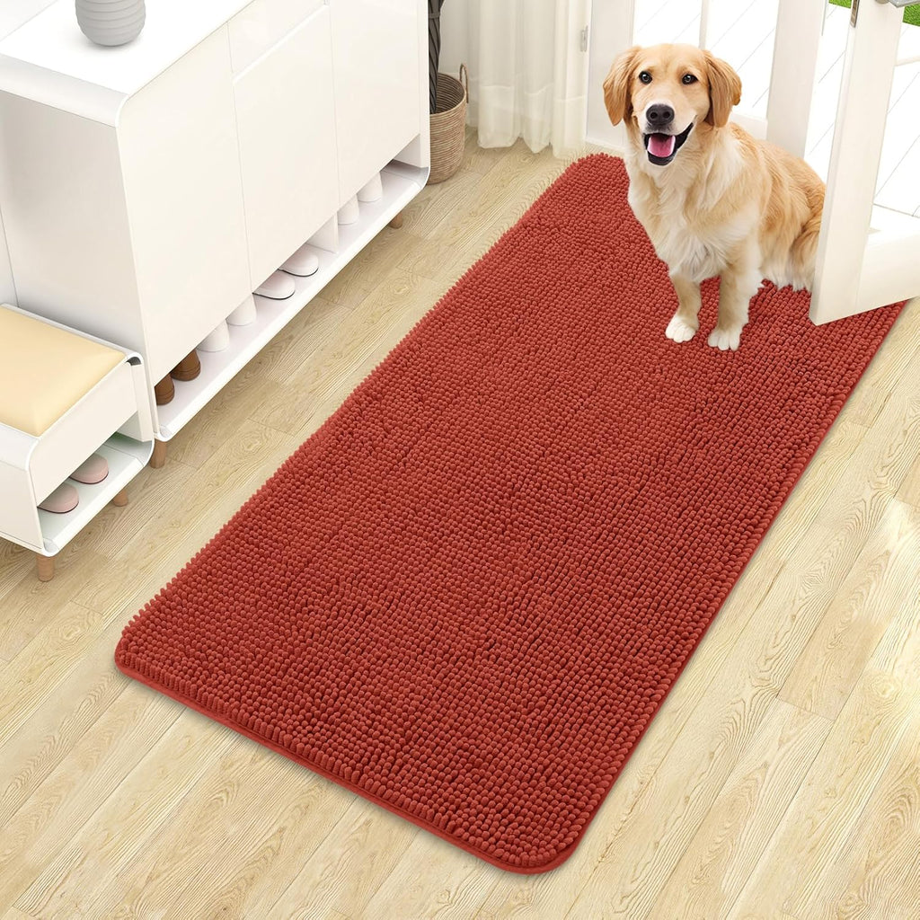 OLANLY Dog Door Mat - Absorbent Non-Slip Mud Mat for Indoor Use | 44x24, Quick Dry Chenille, Maple Red