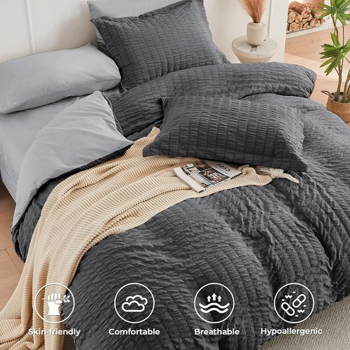 HYMOKEGE Queen Comforter Set - Luxury 7-Piece Bedding Set in Dark Grey/Light Grey for All Seasons