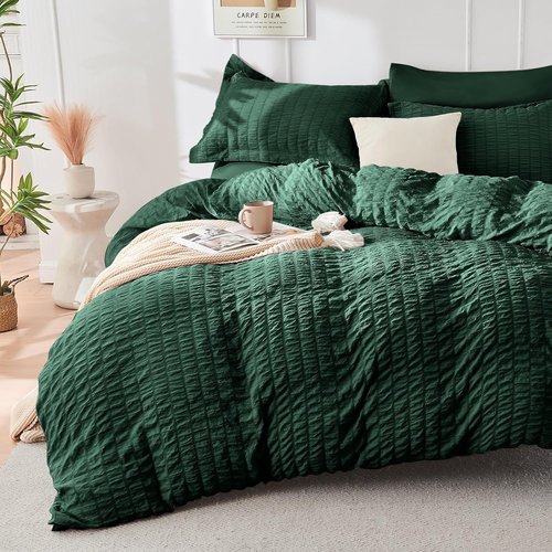 HYMOKEGE Queen Comforter Set - Emerald Green Seersucker 7-Piece Luxury Bedding Set for All Seasons