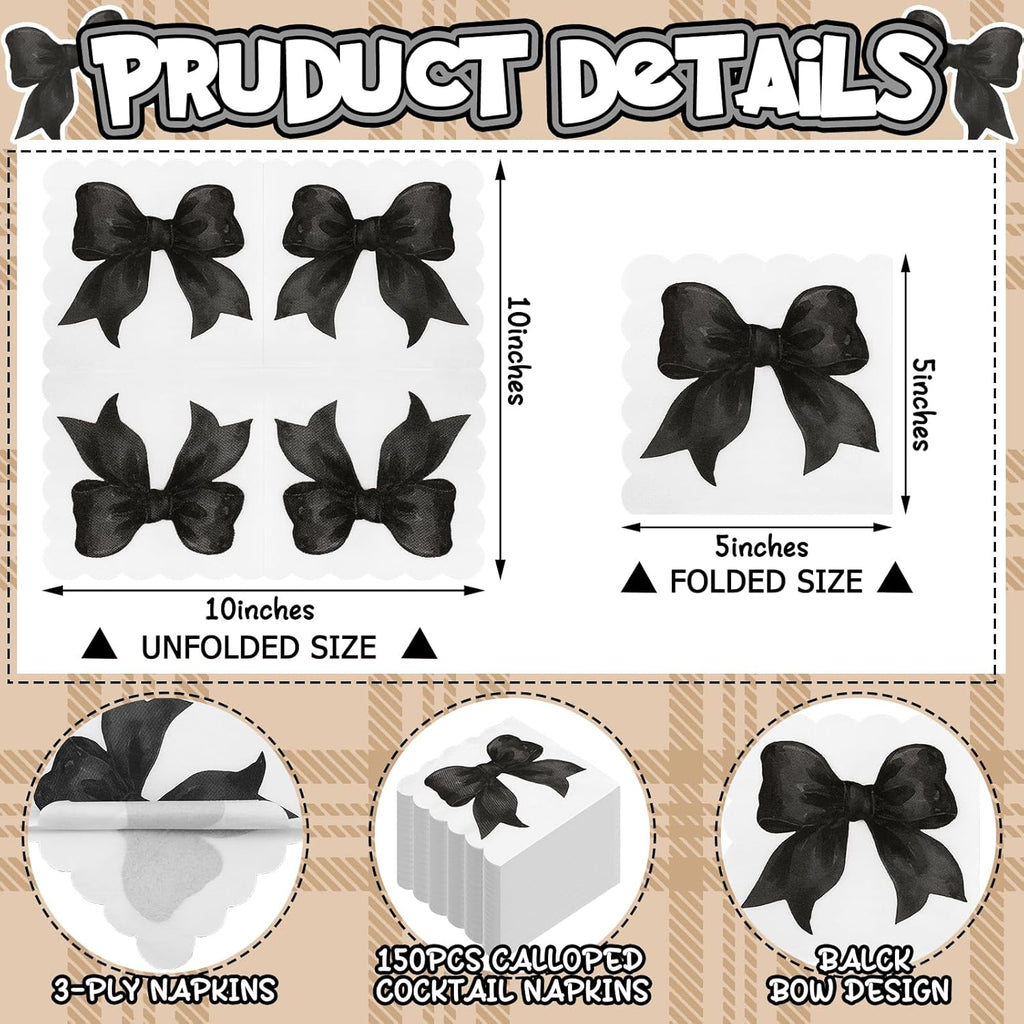 Skyygemm Black Bow Napkins - 150 Pcs Disposable Party Supplies for Bachelorette & Bridal Showers