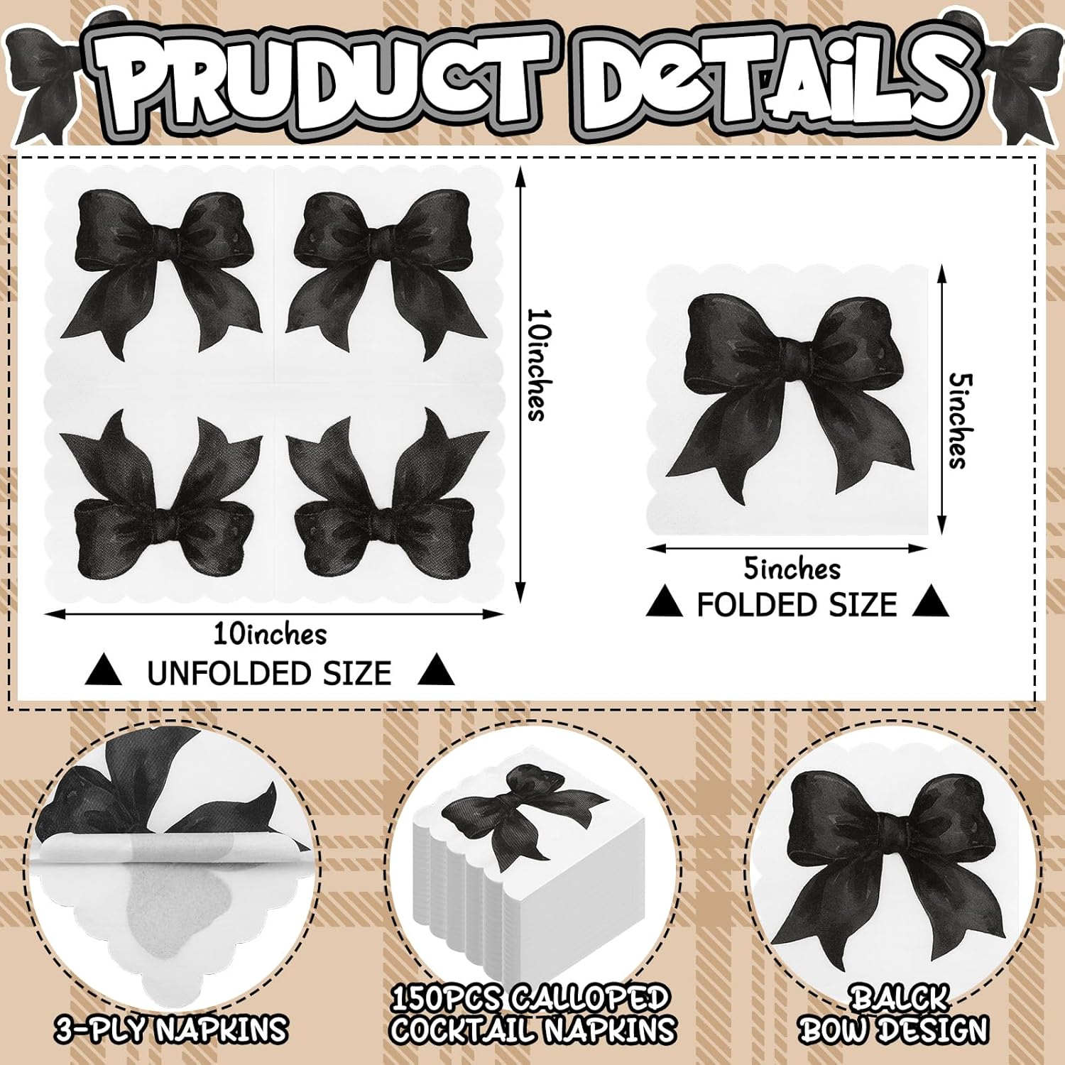 Skyygemm Black Bow Napkins - 150 Pcs Disposable Party Supplies for Bachelorette & Bridal Showers