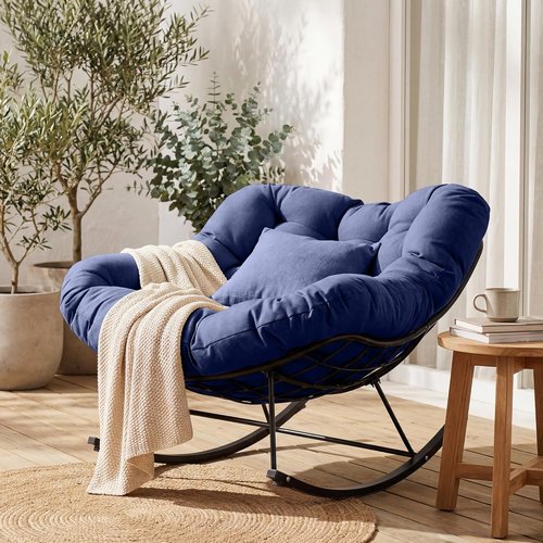 JEAREY Outdoor Papasan Rocking Chair - Oversized Comfy Egg Chair for Patio & Garden | Navy Blue