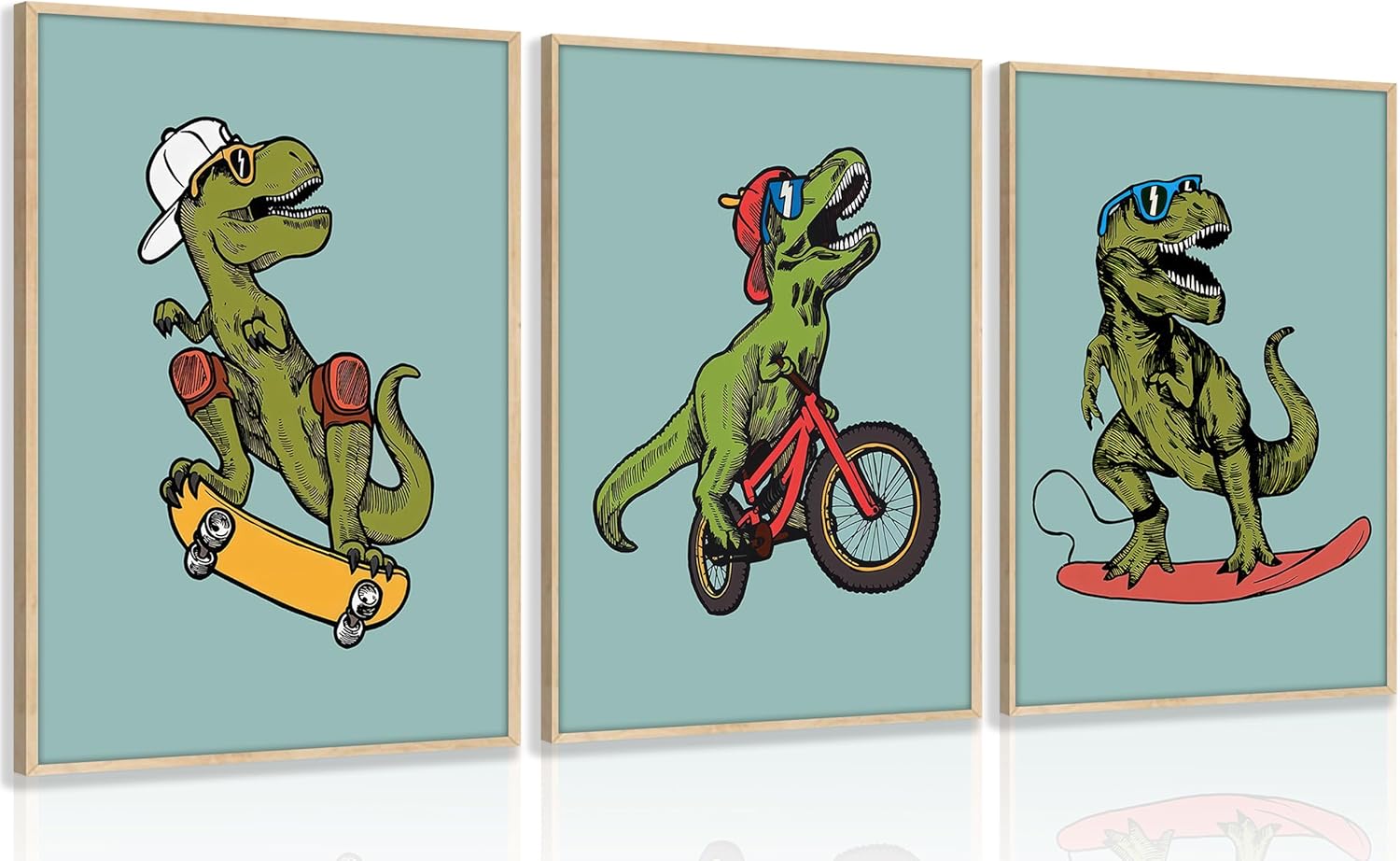 Skiennix 3pc Funny Dinosaur Nursery Canvas Wall Art - Surfing & Skateboarding Design for Boys' Room Decor