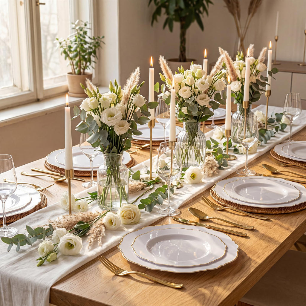 WDF 100pcs Gold Plastic Plates - High-end Baroque Design - Heavy Duty White &Gold Wedding Plates Set Ideal for Party/Wedding/Birthday