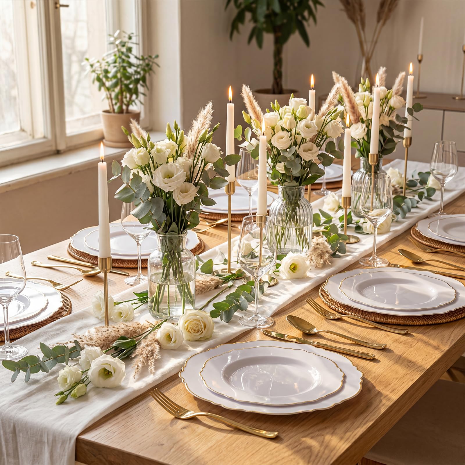 WDF 100pcs Gold Plastic Plates - High-end Baroque Design - Heavy Duty White &Gold Wedding Plates Set Ideal for Party/Wedding/Birthday