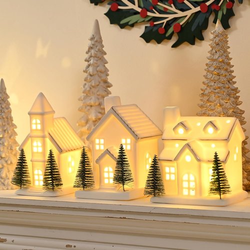 AOMOONOA Ceramic White Christmas Village Houses - 3-Piece LED Lighted Porcelain Set with 6 Trees | Holiday Home Decor