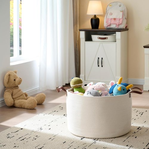 Luxury Nursery Storage Basket - 100% Cotton Rope, Extra Large 22 x 22 x 14 Inches | Off White with Leather Handles