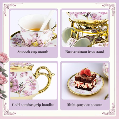 Hebaogugu 20 Pcs Porcelain Tea Set with Metal Holder, European Ceramic Tea Set for Adults, Adult Tea Set Gift, Flower Tea Cup Saucer Set for Party With Gold Flower Painting (Elegant Purple/500ml)