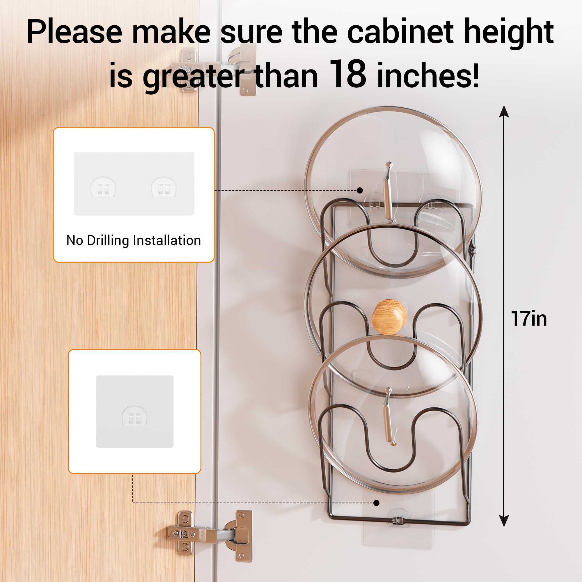 2 Pack Pot Lid Organizer Rack for Cabinet Door/Wall, 6-Tier Pot Lid Holders inside Cabinet Door, No Drilling Adhesive Wall/Door Mounted Rustproof Pots and Pans Lid Organizers for Kitchen Storage Black