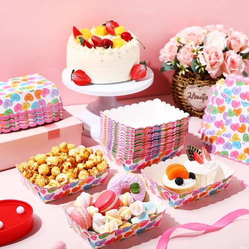 Dunzoom 60 Pcs Valentine's Day Food Trays Paper Bowls Valentines Popcorn Boxes Pink Red Love Galentines Heart Plate Disposable Snack Nacho Serving Boat Holder for Movie Night Party Supply(Fresh)