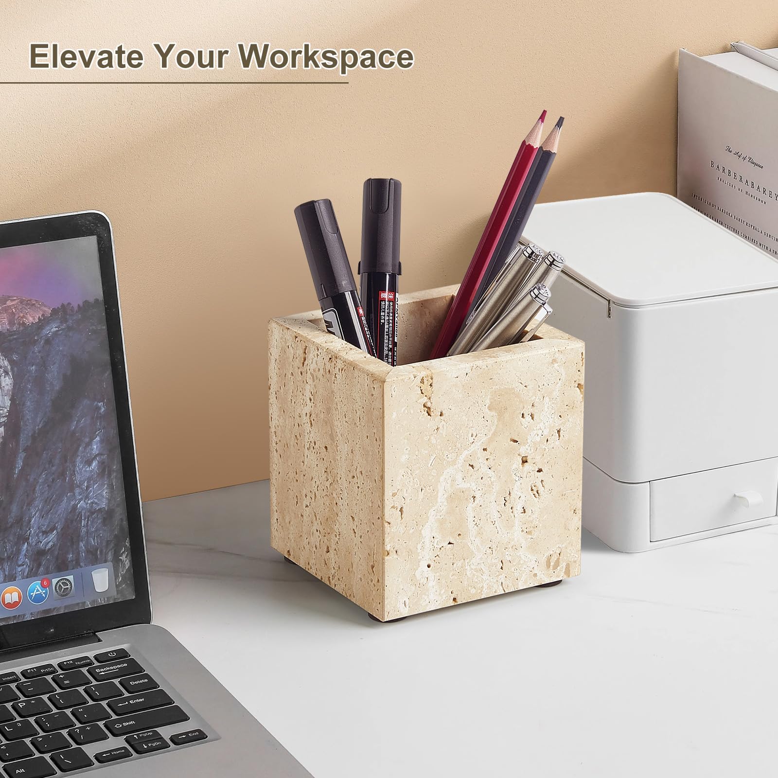 Real Natural Travertine Marble Toothbrush Holder & Pen Holder & Makeup Brush Holder & Utensil Holder, Genuine Stone Rectangular Bathroom Tumbler Cup, Durable Office & Home Countertop Organizer