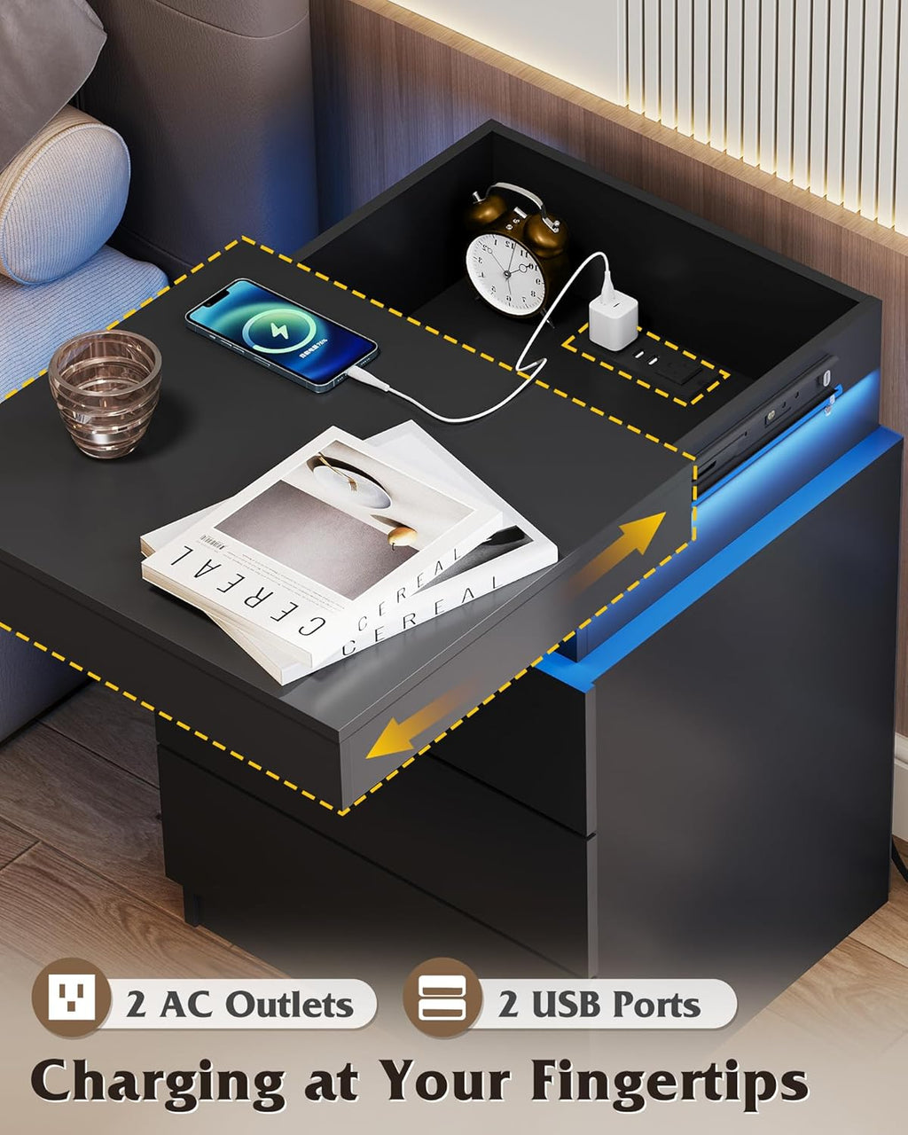WLIVE Black Nightstand - Modern Bedside Table with Charging Station & LED Lights | 3 Drawers, Sliding Top