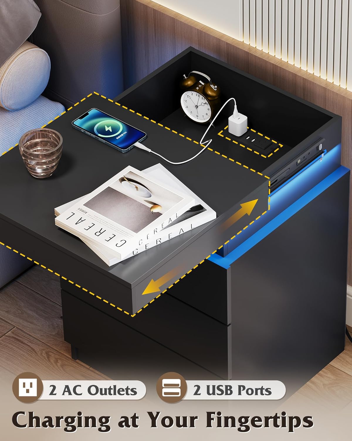 WLIVE Black Nightstand - Modern Bedside Table with Charging Station & LED Lights | 3 Drawers, Sliding Top