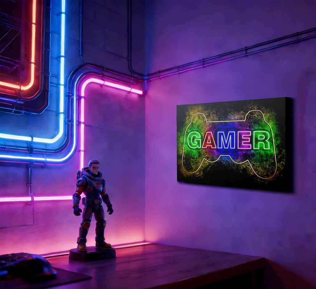 Skiennix Cool Gaming Canvas Wall Art - Colorful Neon Gamepad Poster for Teen Boys Room | 12 x 16 Inch