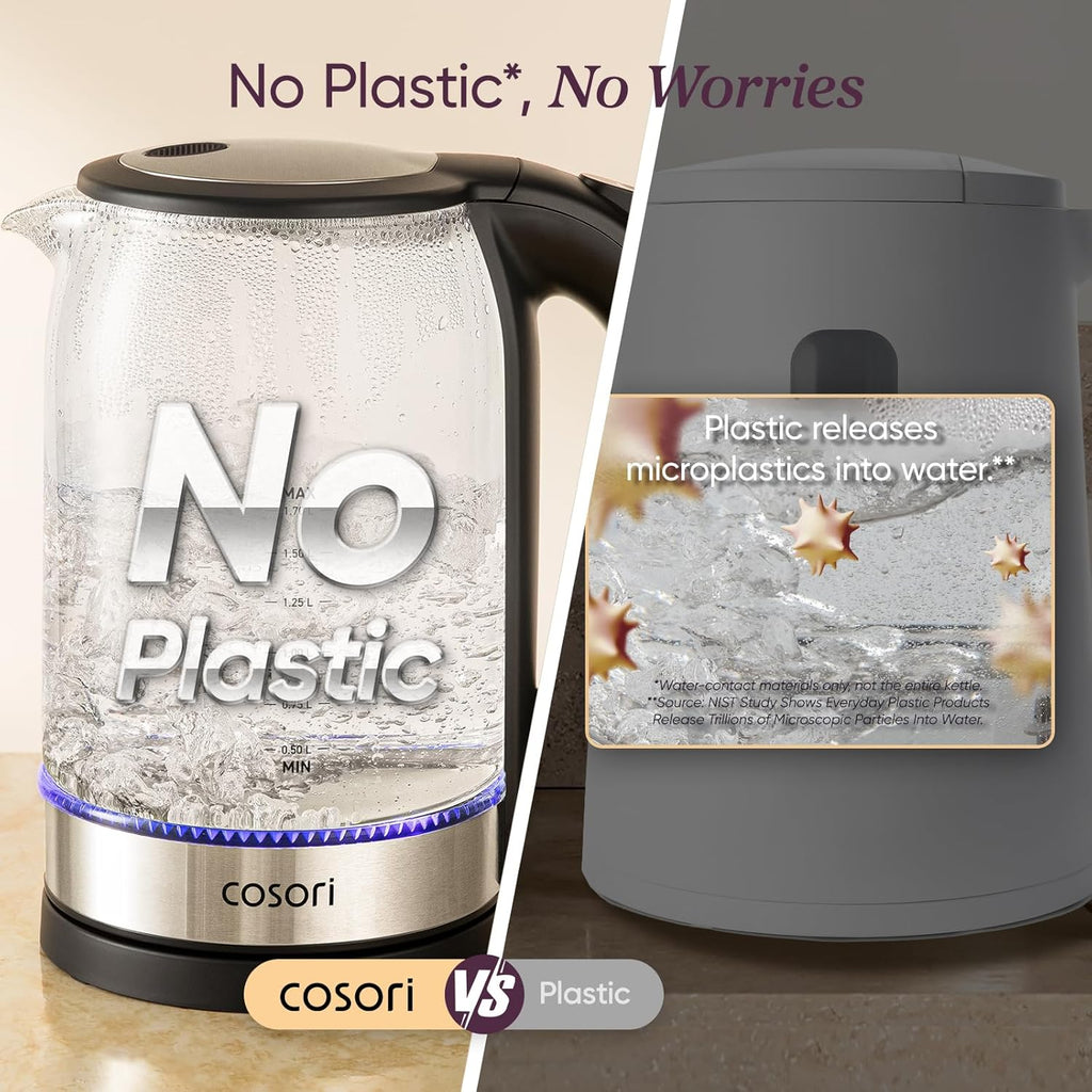 Cosori Electric Kettle - 1.7L Borosilicate Glass Tea Kettle | No Plastic Contact & Auto Shut Off, Black