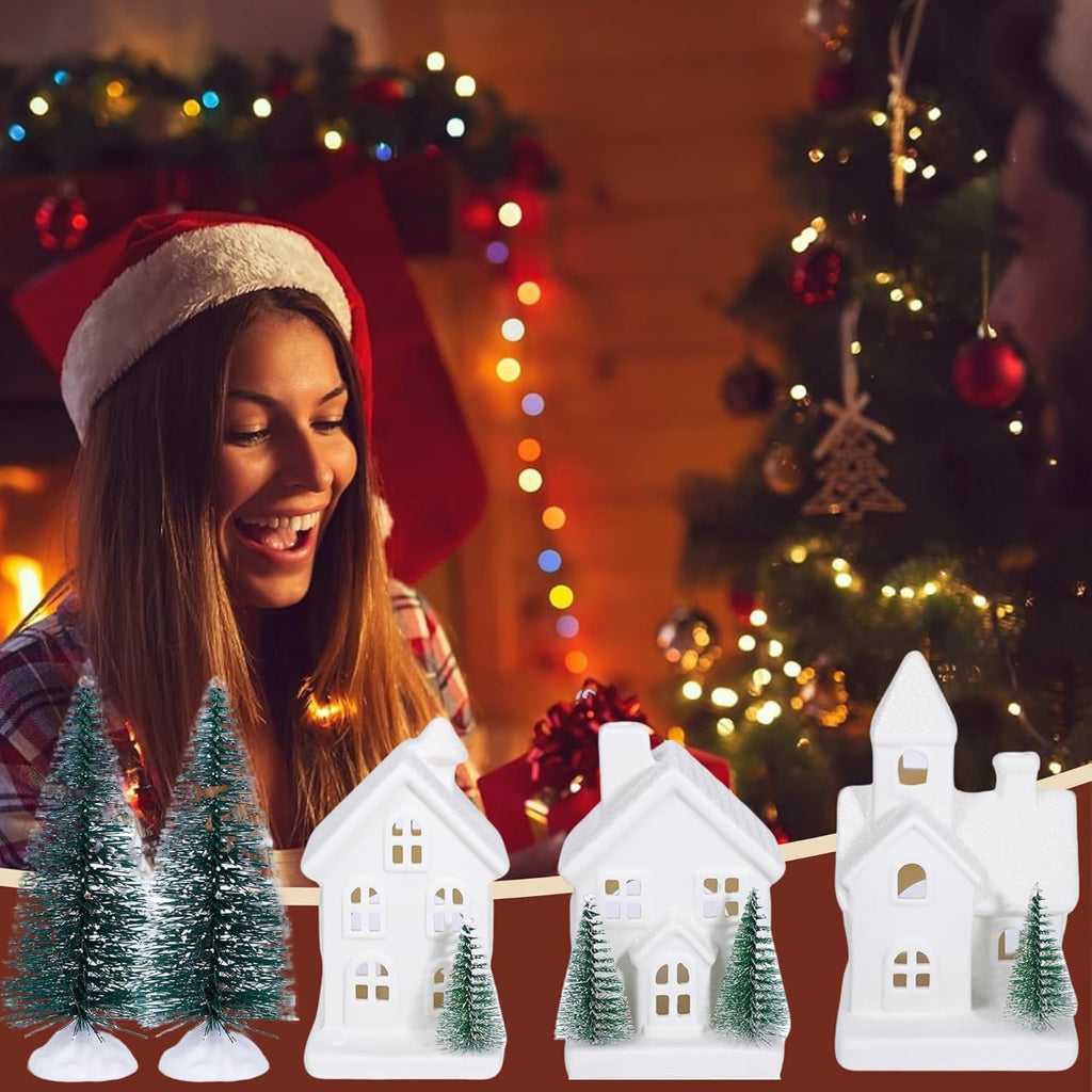 Skiennix Christmas Village Set - 5 LED Lighted Ceramic Houses with 2 Decorative Trees | Holiday Home Decor