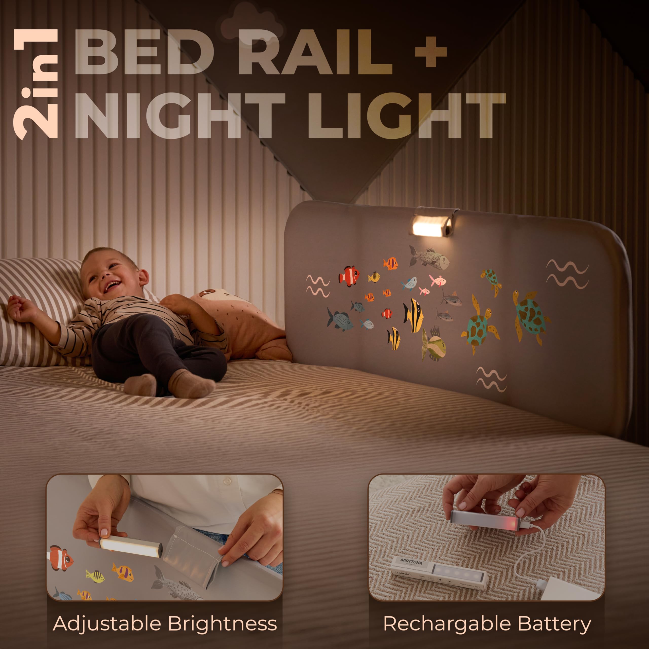 ARTTONA Toddler Bed Rail with Night Light - Foldable Bed Side Rails - Fits for Most Beds Bed Rails for Full Size Bed, Queen Size Rails, Twin Rails - Portable Fence for Baby - 48inch
