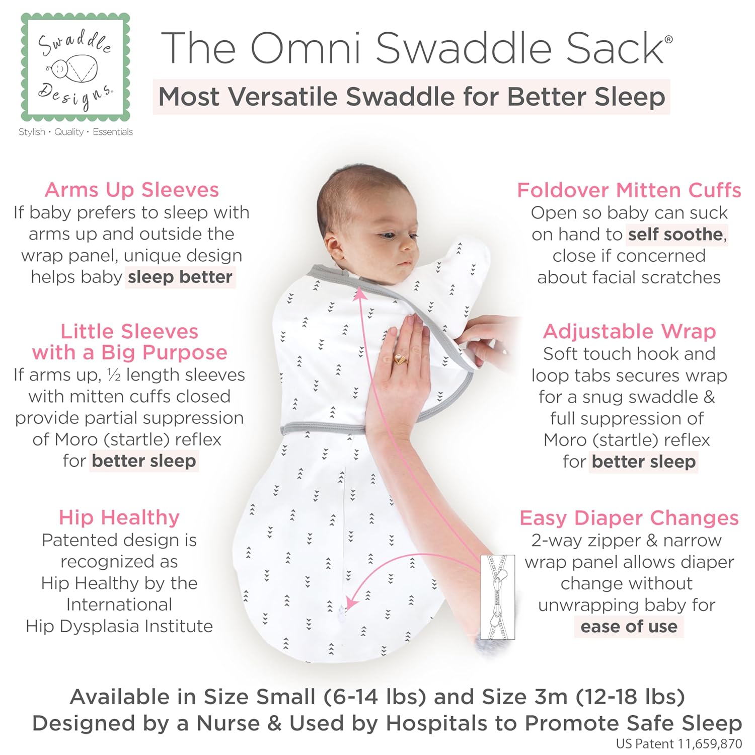 SwaddleDesigns 6-Way Omni Swaddle Sack - Arms Up Design for Newborns | Calms Startle Reflex, 12-18 lbs, Tiny Arrows Black