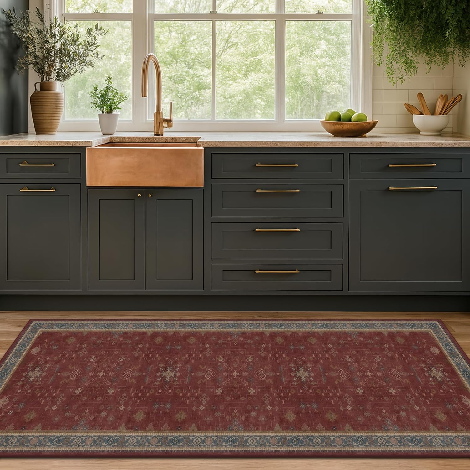 Turkish Kitchen Runner Rugs - Non-Skid, Washable Design for Hallway, Bedroom, Bathroom | Dark Red