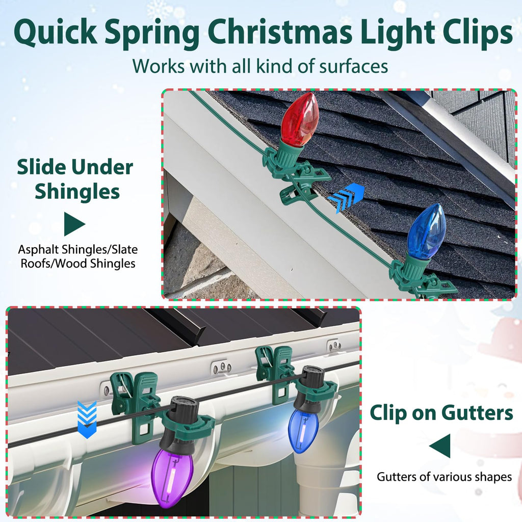 C7 C9 christmas light spring clips, 100Pcs Self-lock heavy duty quick Christmas Light Clips, Fit E12/E17 Base, Mini Lights Holiday Rope Lights, Perfect for gutter Shingle Metal Roof Fence Railing