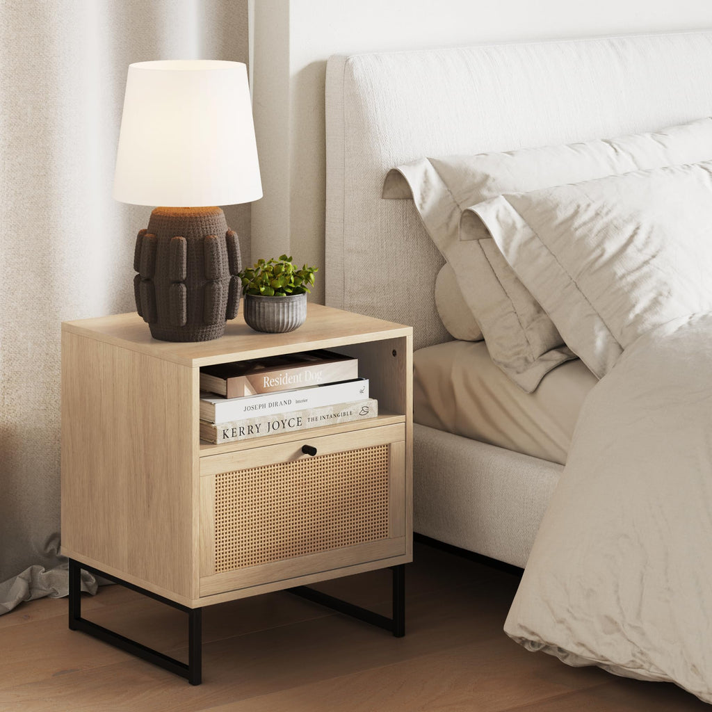 Nathan James Mina Rattan Wood End Side Accent Table Nightstand with Storage for Living Room or Bedroom, 1, Oak/Black