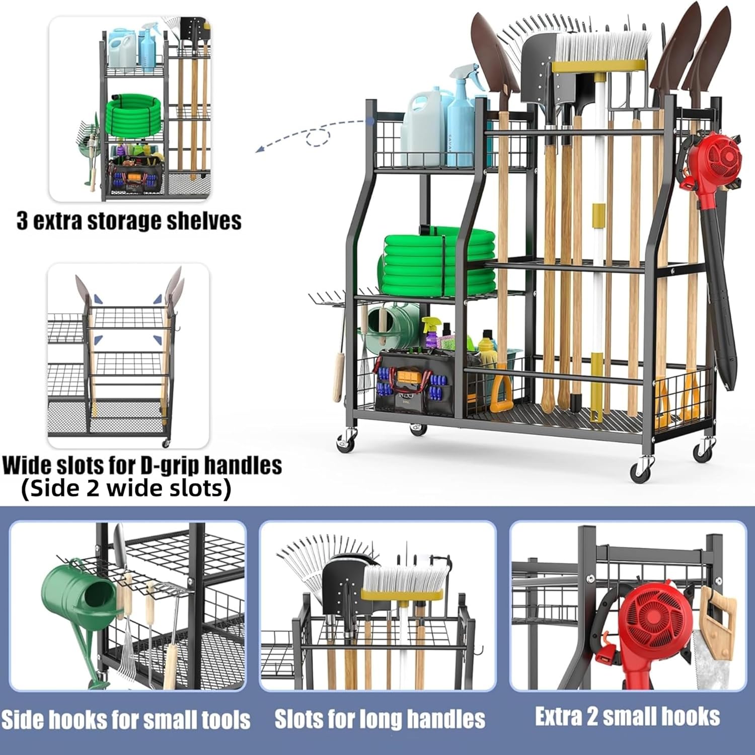 WALMANN Garden Tool Organizer - Rolling Cart with Large Storage for Rakes, Shovels & Yard Tools