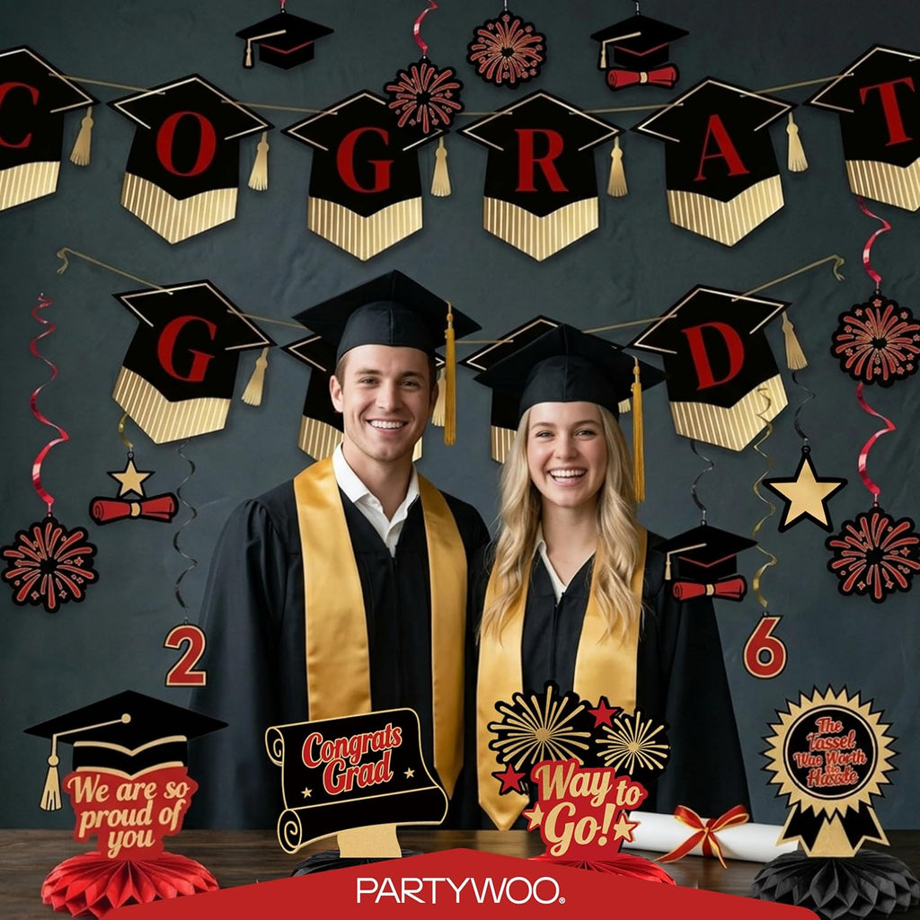 PartyWoo Graduation Banner - Class of 2026 Black and Red Decorations | 2-Piece Hanging Congrats Grad Set
