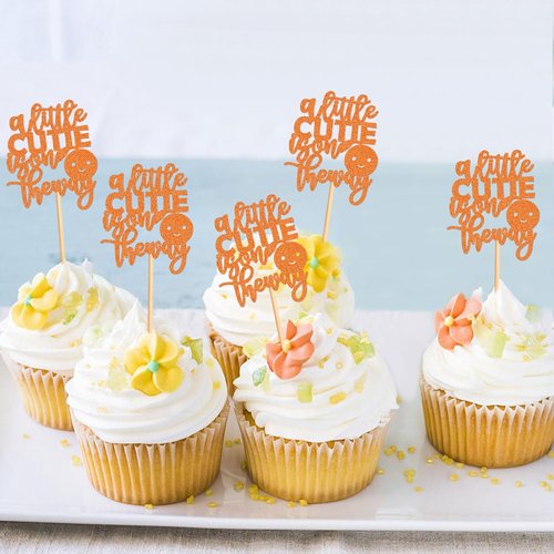 Ercadio Baby Shower Cupcake Toppers - 24 Pcs Orange "A Little Cutie" Party Decorations
