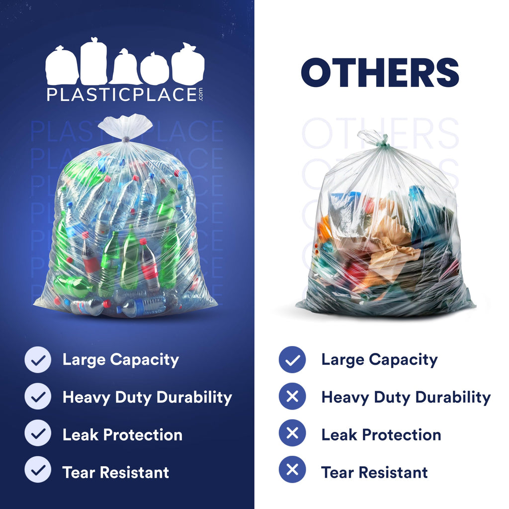 Plasticplace Heavy Duty 55-60 Gallon Trash Bags – Clear Garbage Can Liners (38” x 58”) – Durable Multiuse, Puncture-Resistant, 50 Count – Ideal for Kitchens, Warehouses and Recycling Trashbags 1.5 Mil