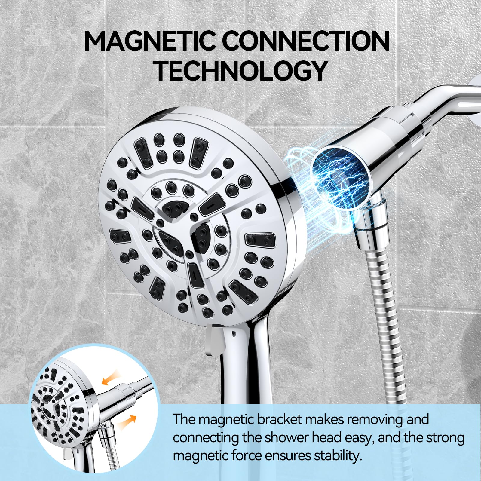 VOXON Magnetic High Pressure Shower Head, 10-Mode Handheld Shower Head, Built-in 2 Power Wash, Adjustable Shower Head with Handheld with Magnetic Docking & 60'' Hose, 2.5 GPM Showerhead with 5'' Face