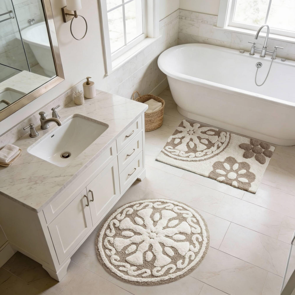 Madison Park Casablanca 100% Cotton Tufted Bathroom Rugs Luxurious Plush Medallion Floral Pattern Bath Mat Absorbent, Quick Dry, Spa Design Shower Room Décor, Rectangle 20" x 30", Taupe