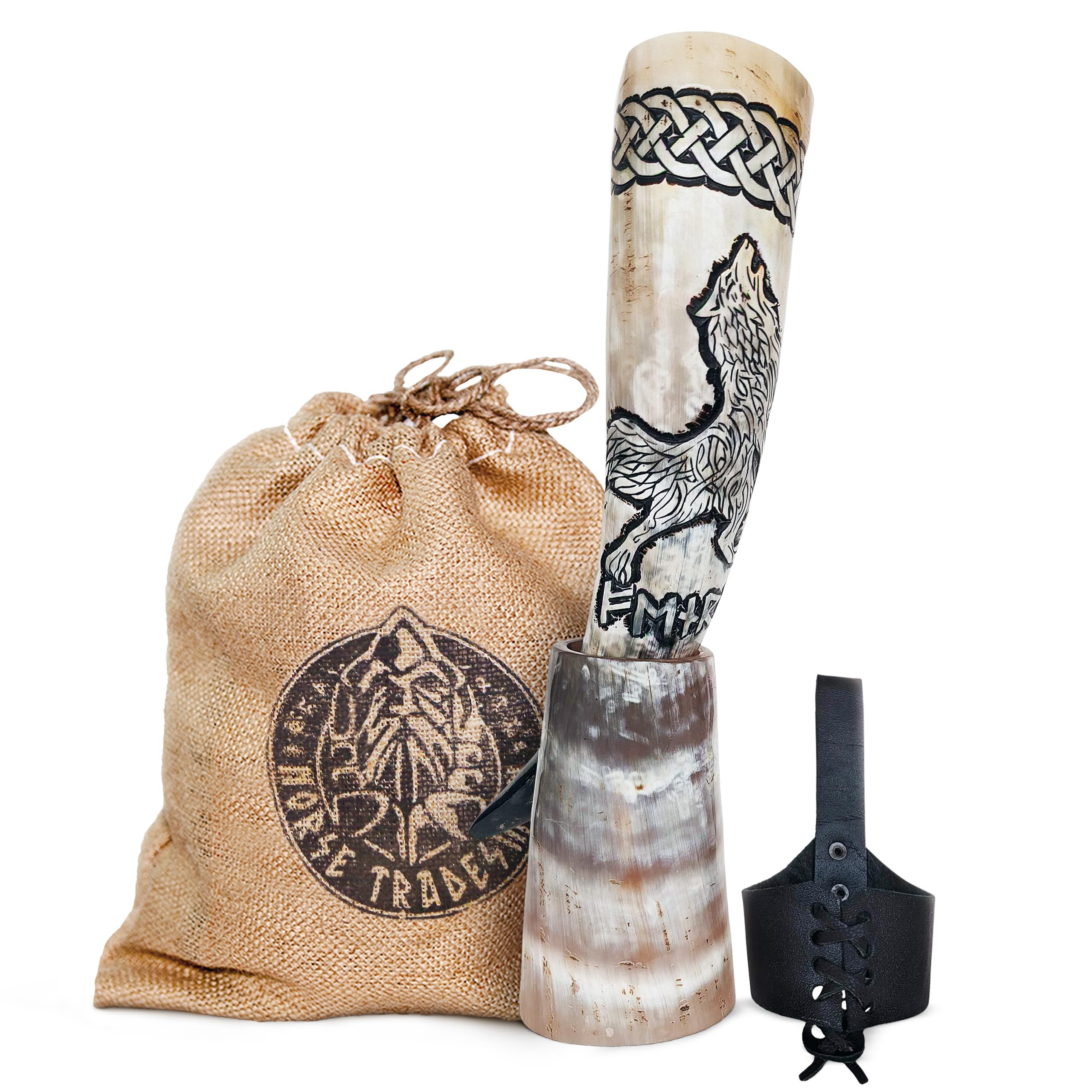Norse Tradesman Genuine 12" Ox-Horn Viking Drinking Horn with Exquisite Hand Engraved Wolf & Celtic Knot, Black Leather Belt Holster, Fitted Stand & Burlap Gift Sack Included - Wolfsbane, 12-In