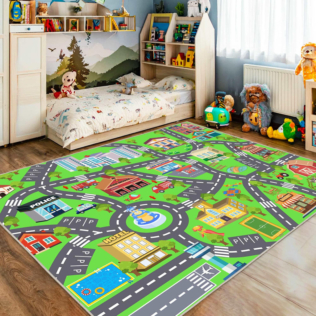 OHDS Kids Room Rug - Soft & Non-Slip 5x7 Ft Town Car Rug City Map Play Mat, Childrens Road Catpet Washable Rug for Classroom Nursery Bedroom Boys