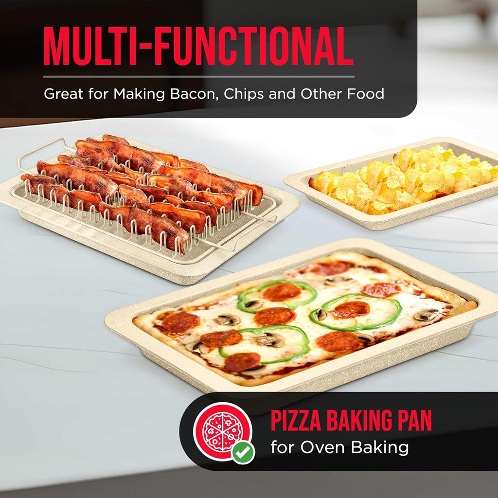 Skiennix Bacon Tray Set - Durable Non-Stick Cooking Tray with Marble Coating | 2-Piece White Stone & Carbon Steel