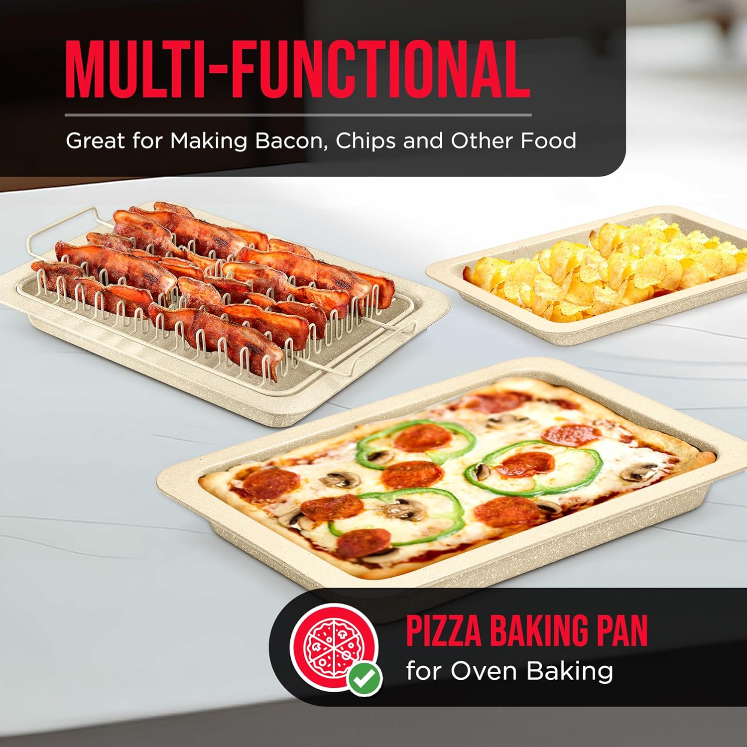 Skiennix Bacon Tray Set - Durable Non-Stick Cooking Tray with Marble Coating | 2-Piece White Stone & Carbon Steel